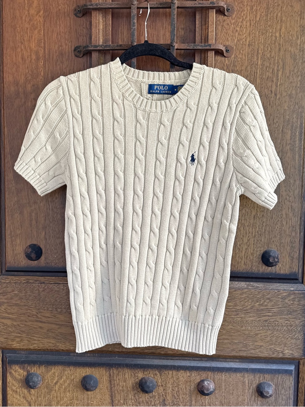 Ralph Lauren Cream Cable-Knit Short Sleeve Crewneck Sweater Size M